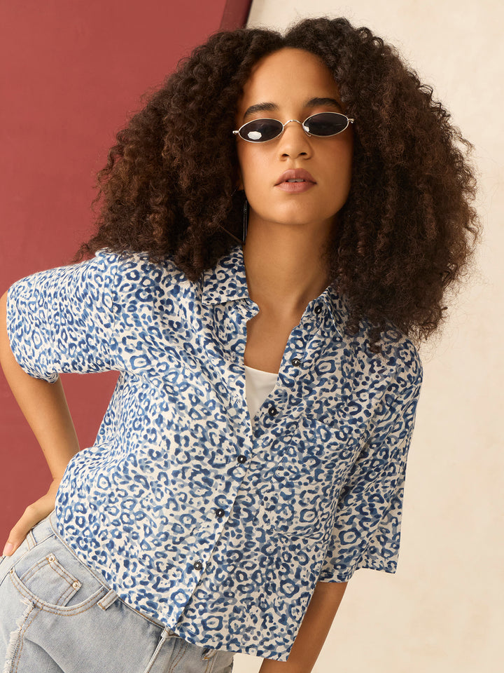 Blue Printed Cropped Shirt