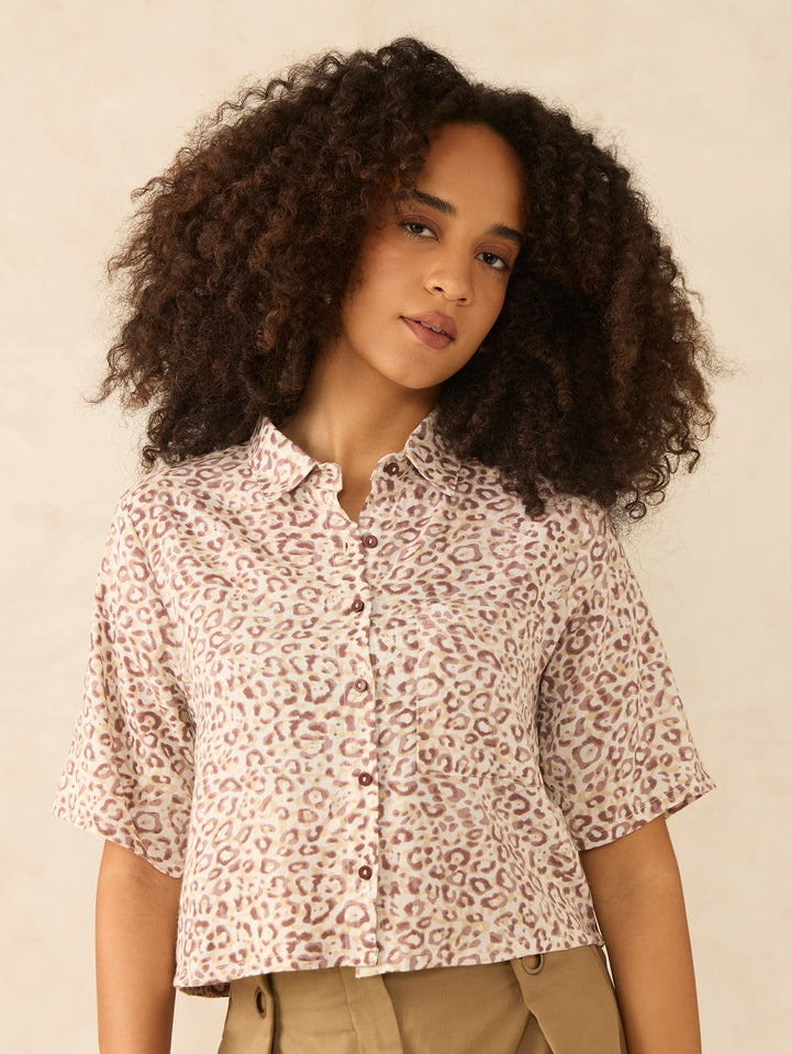 Brown Printed Cropped Shirt