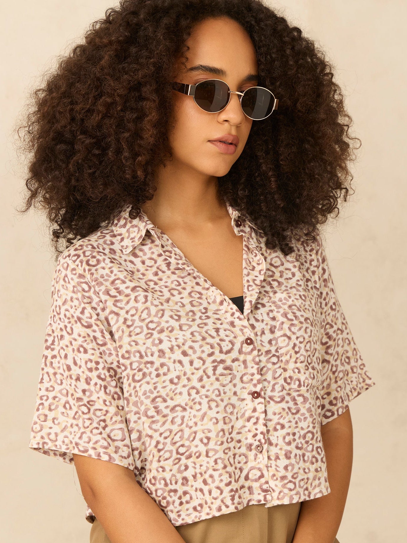 Brown Printed Cropped Shirt
