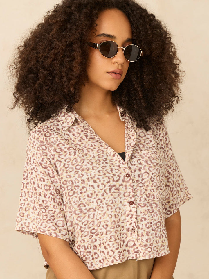 Brown Printed Cropped Shirt