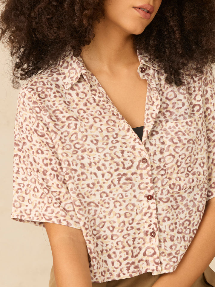 Brown Printed Cropped Shirt