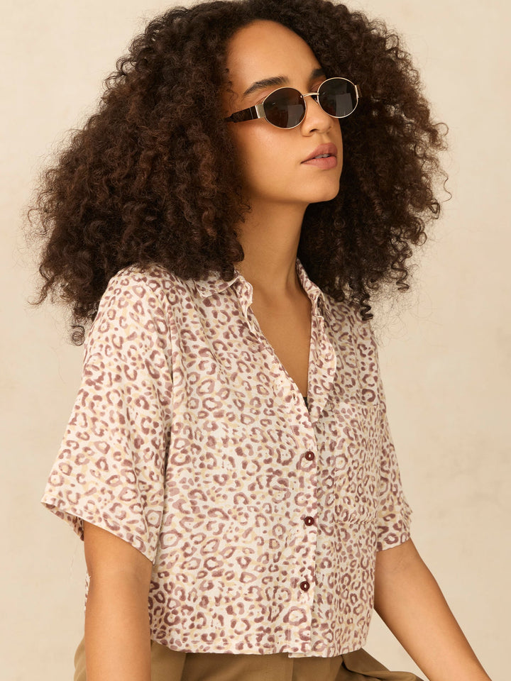Brown Printed Cropped Shirt