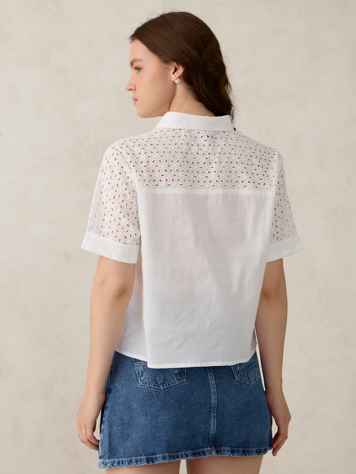 White Schifley Sleeve Cropped Shirt