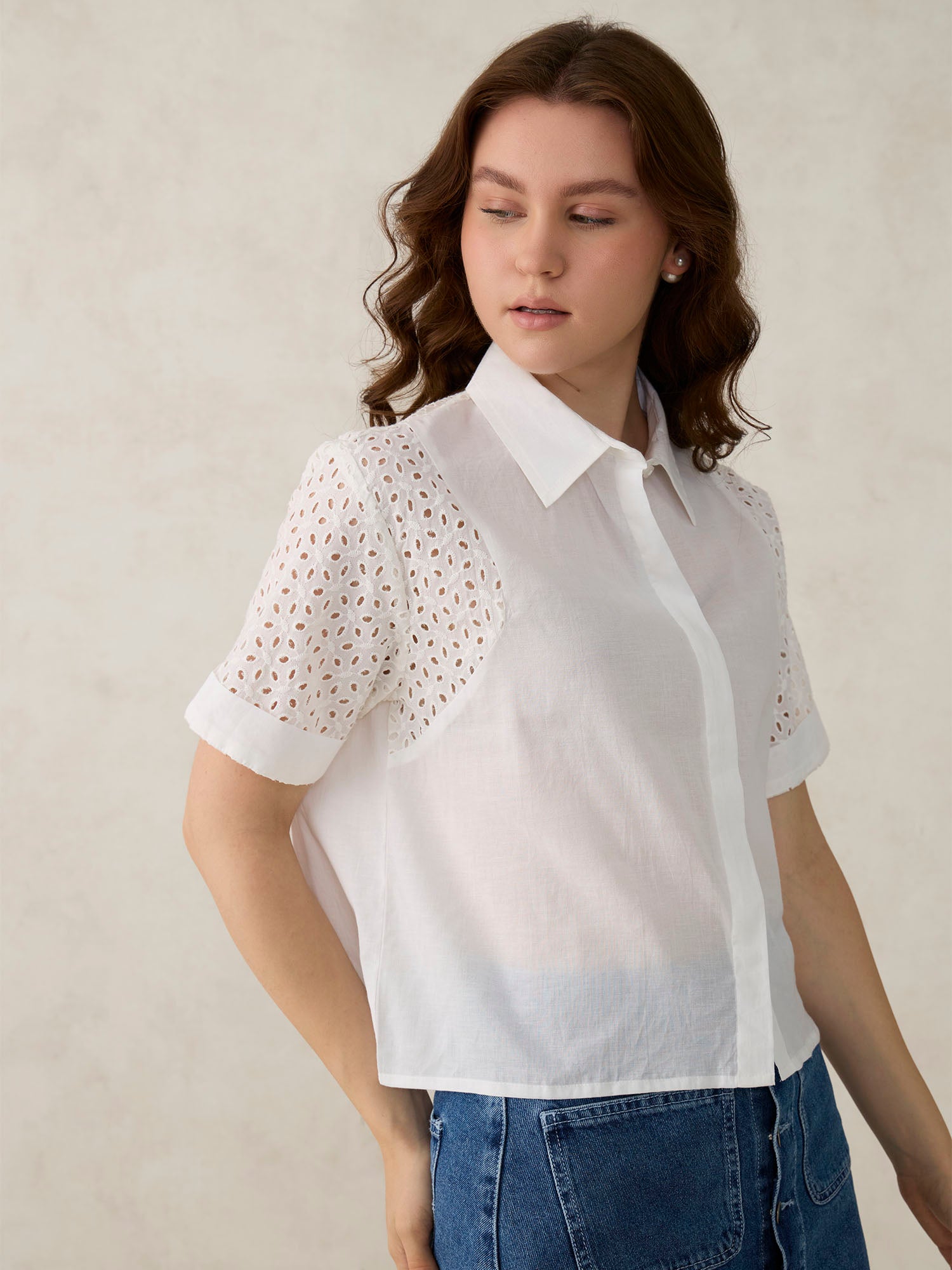 White Schifley Sleeve Cropped Shirt
