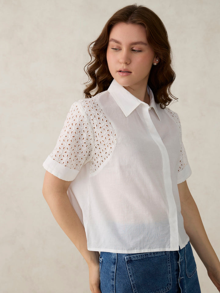 White Schifley Sleeve Cropped Shirt