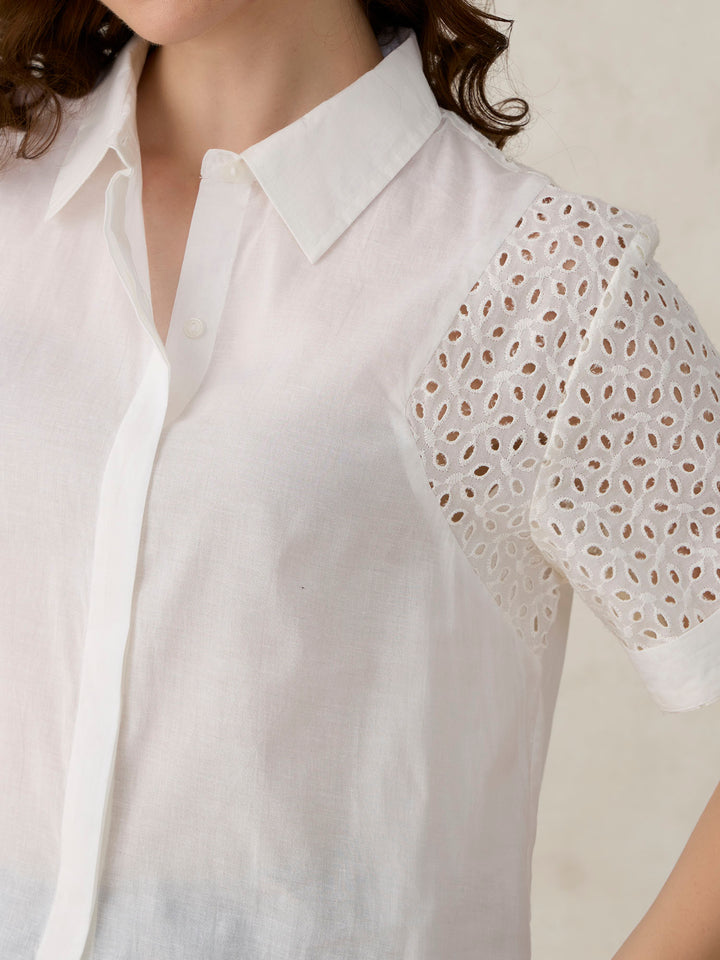 White Schifley Sleeve Cropped Shirt