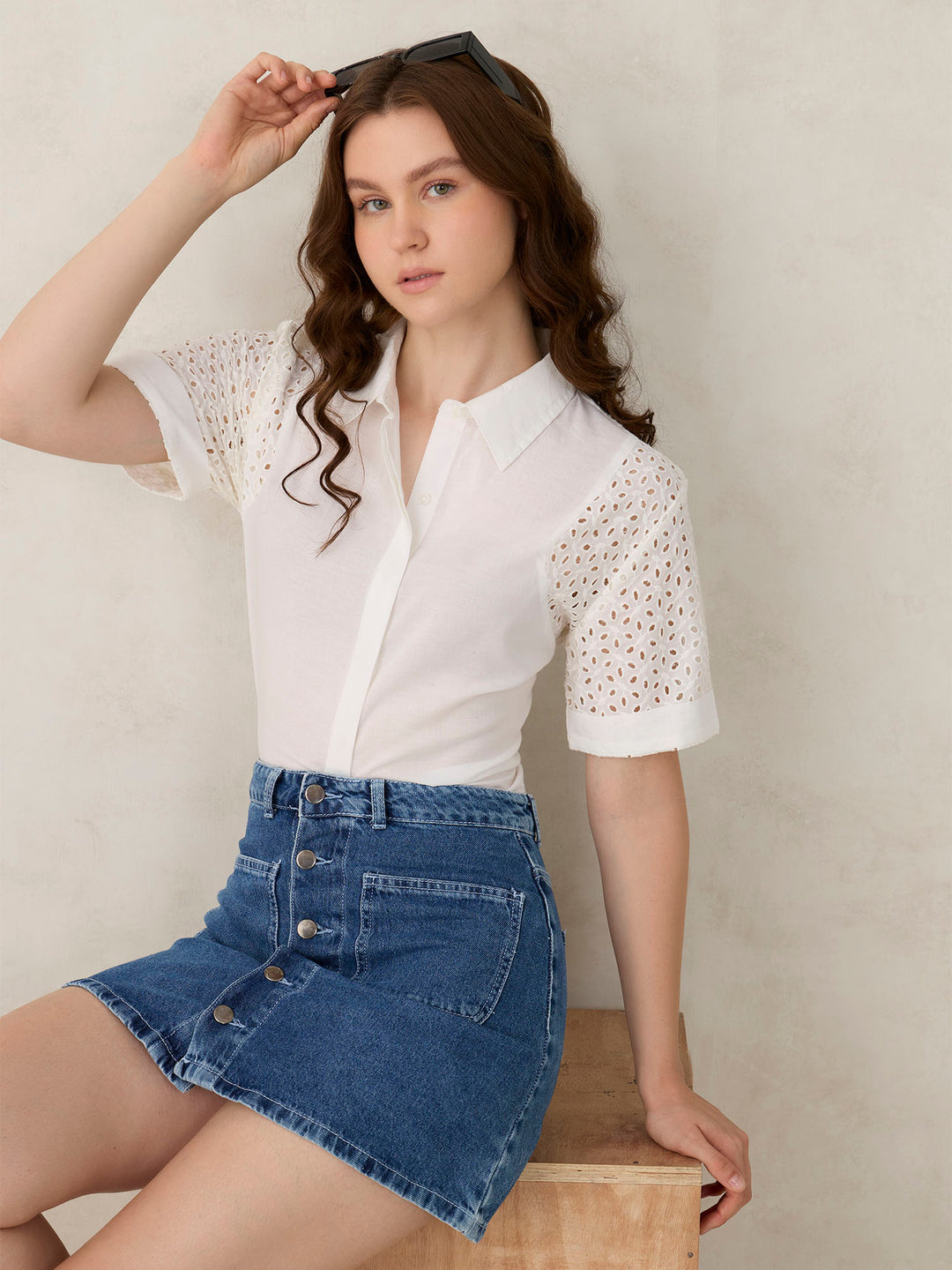 White Schifley Sleeve Cropped Shirt
