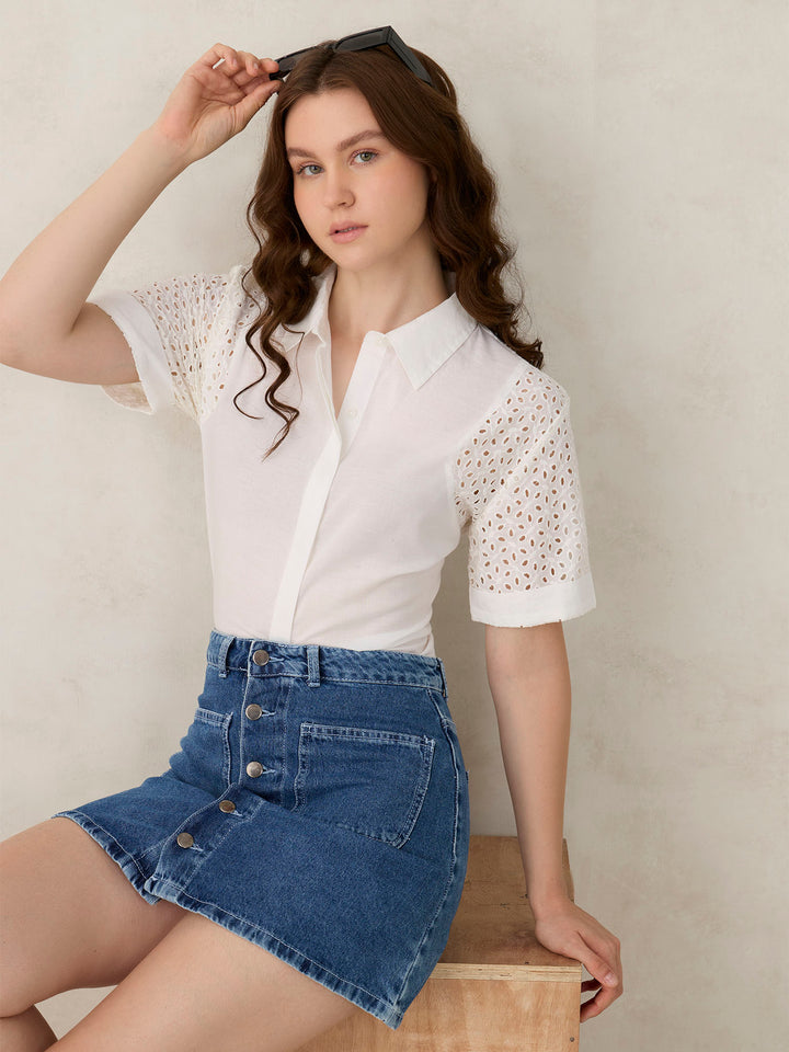 White Schifley Sleeve Cropped Shirt