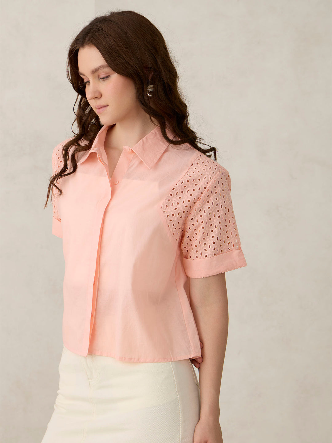 Coral Schifley Sleeve Cropped Shirt