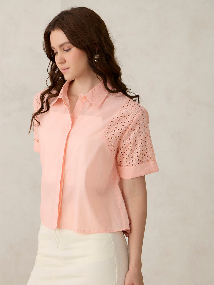 Coral Schifley Sleeve Cropped Shirt