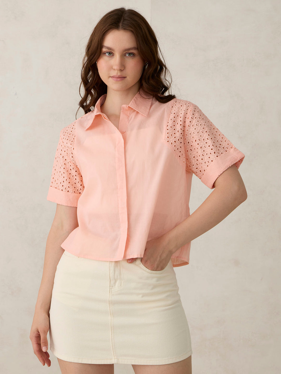 Coral Schifley Sleeve Cropped Shirt