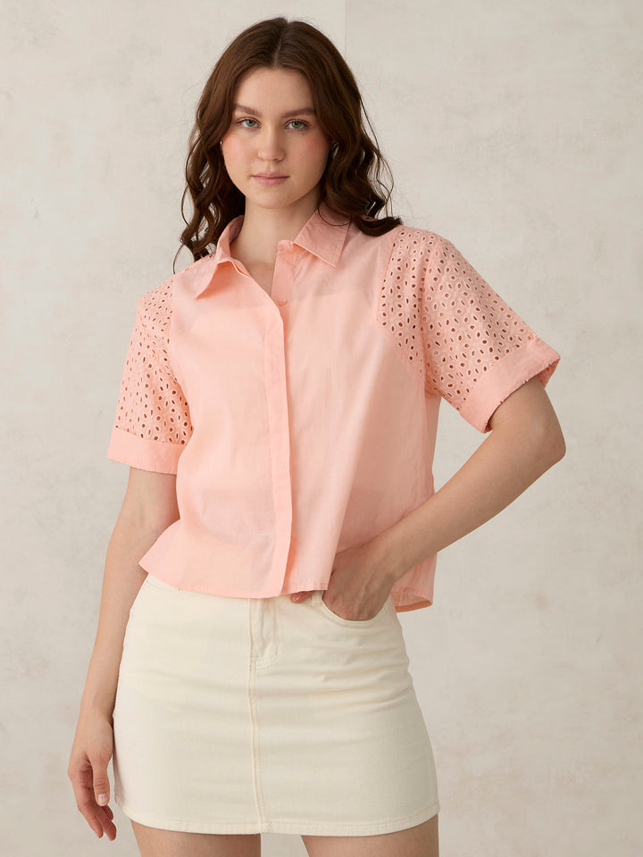 Coral Schifley Sleeve Cropped Shirt