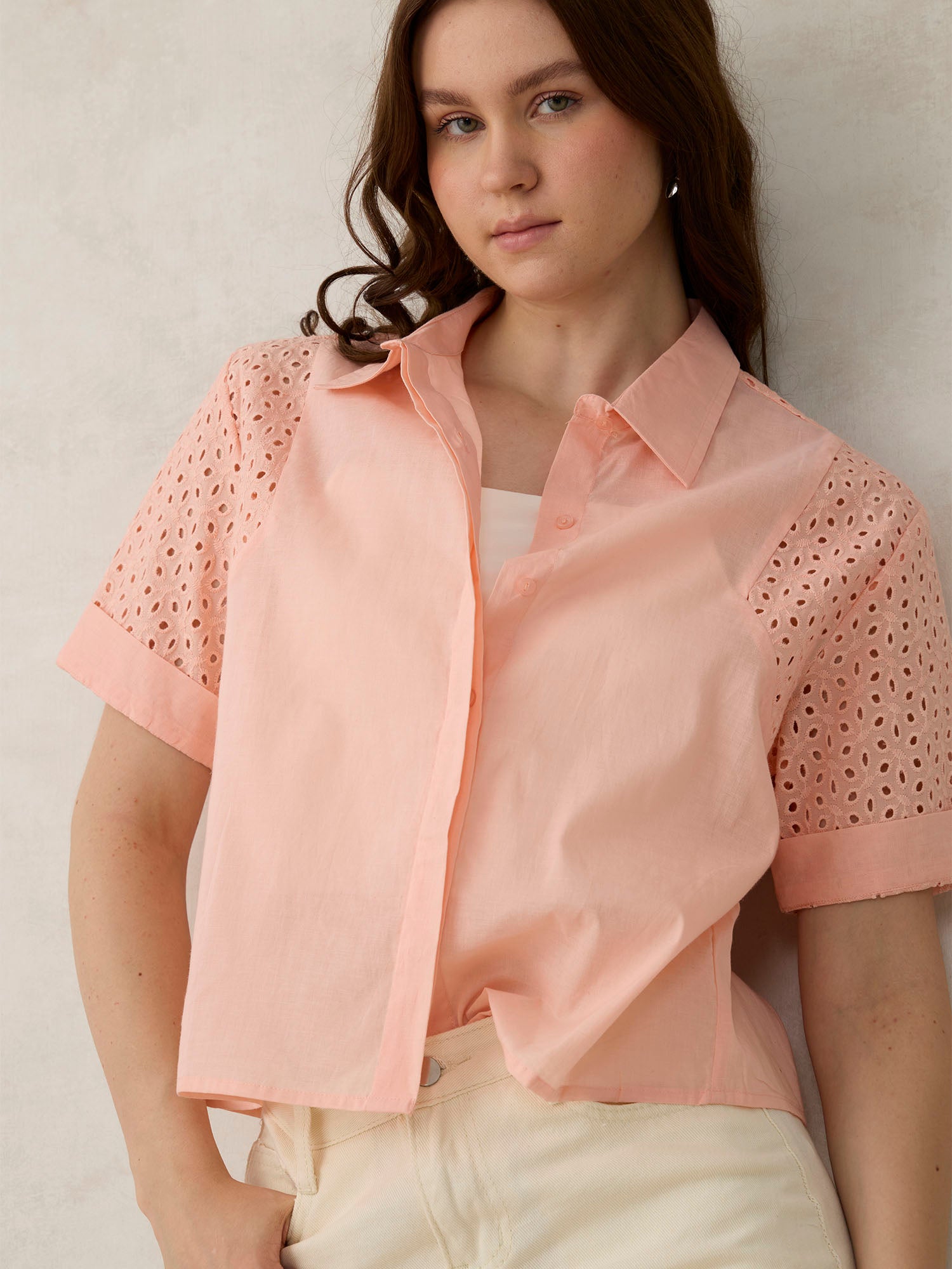 Coral Schifley Sleeve Cropped Shirt