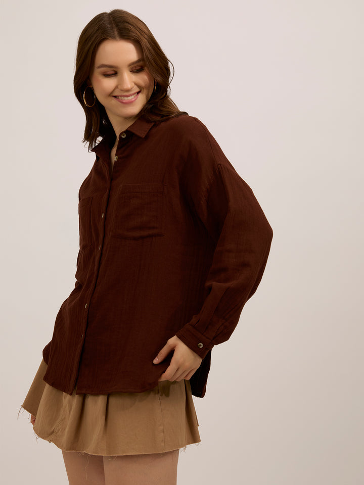 Brown Double Pocket Boxy Shirt