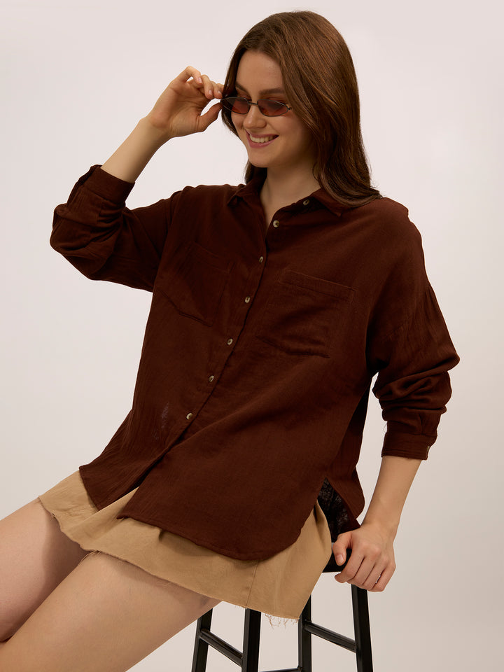 Brown Double Pocket Boxy Shirt