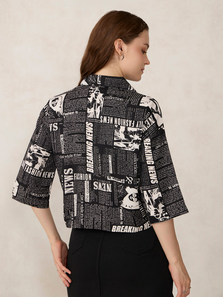 Black Paper Print Cropped Shirt