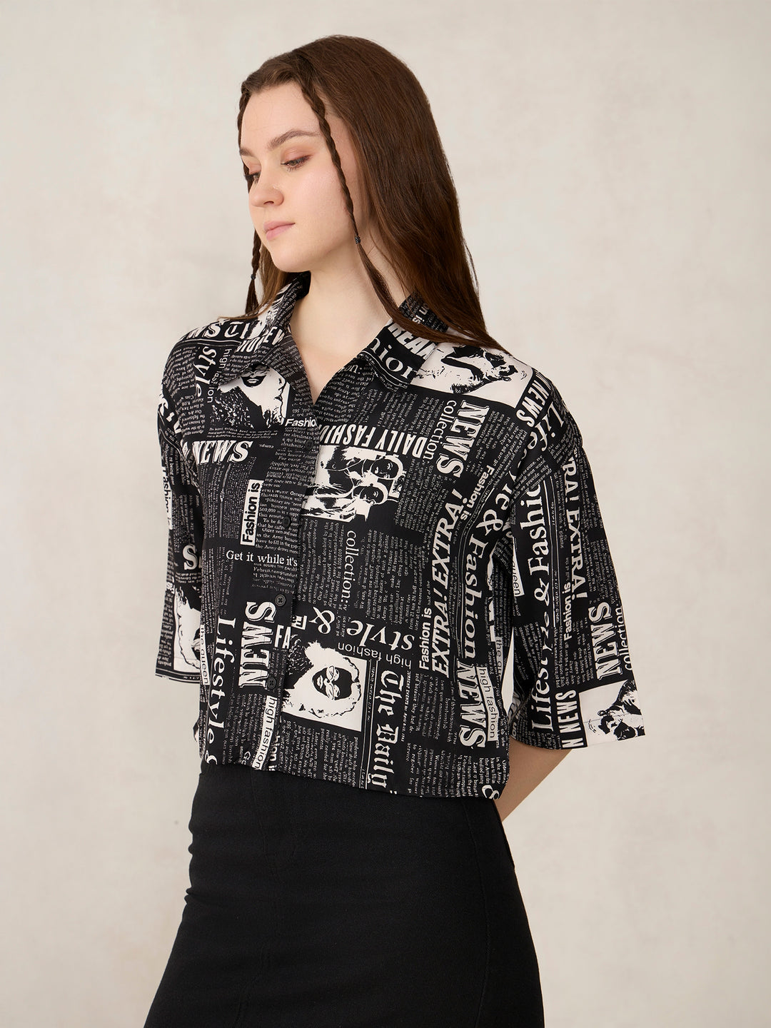 Black Paper Print Cropped Shirt