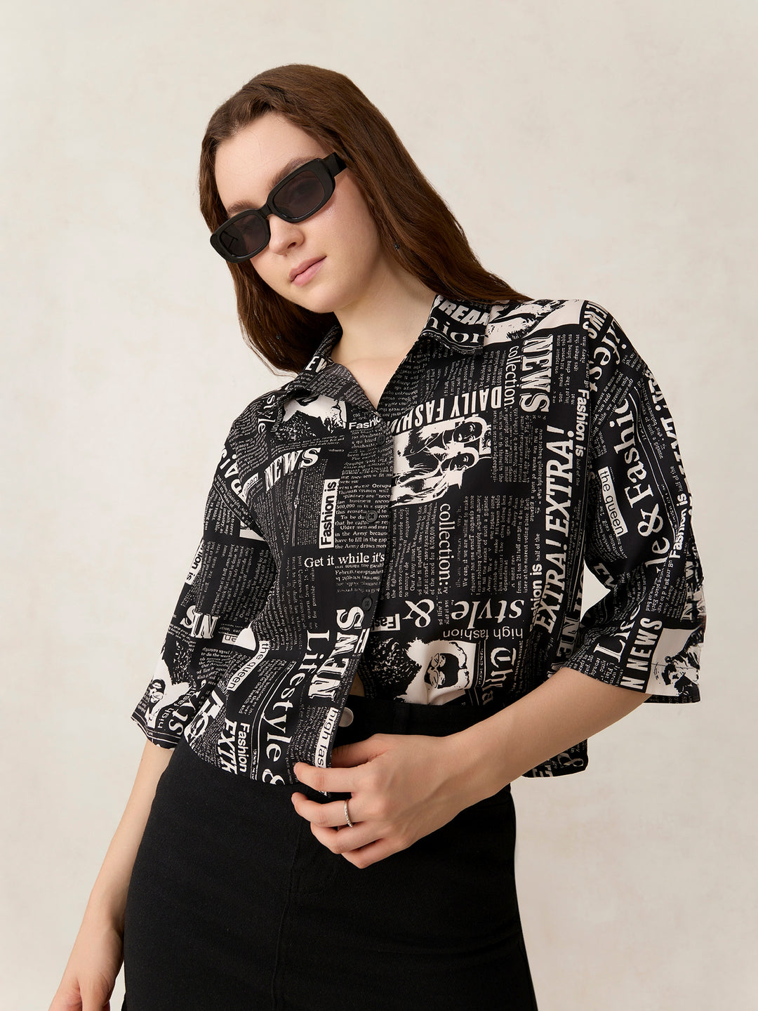 Black Paper Print Cropped Shirt