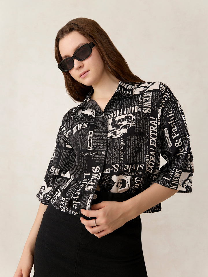 Black Paper Print Cropped Shirt