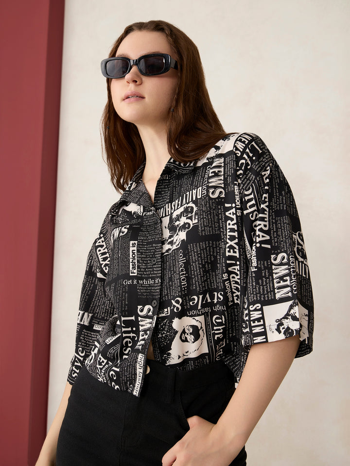Black Paper Print Cropped Shirt
