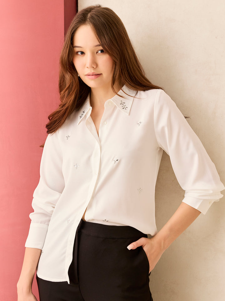 White Solid Studded Regular Shirt