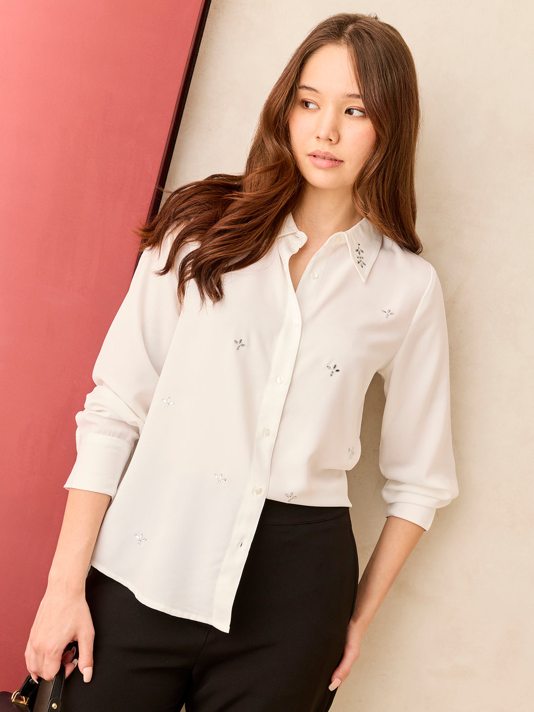 White Solid Studded Regular Shirt