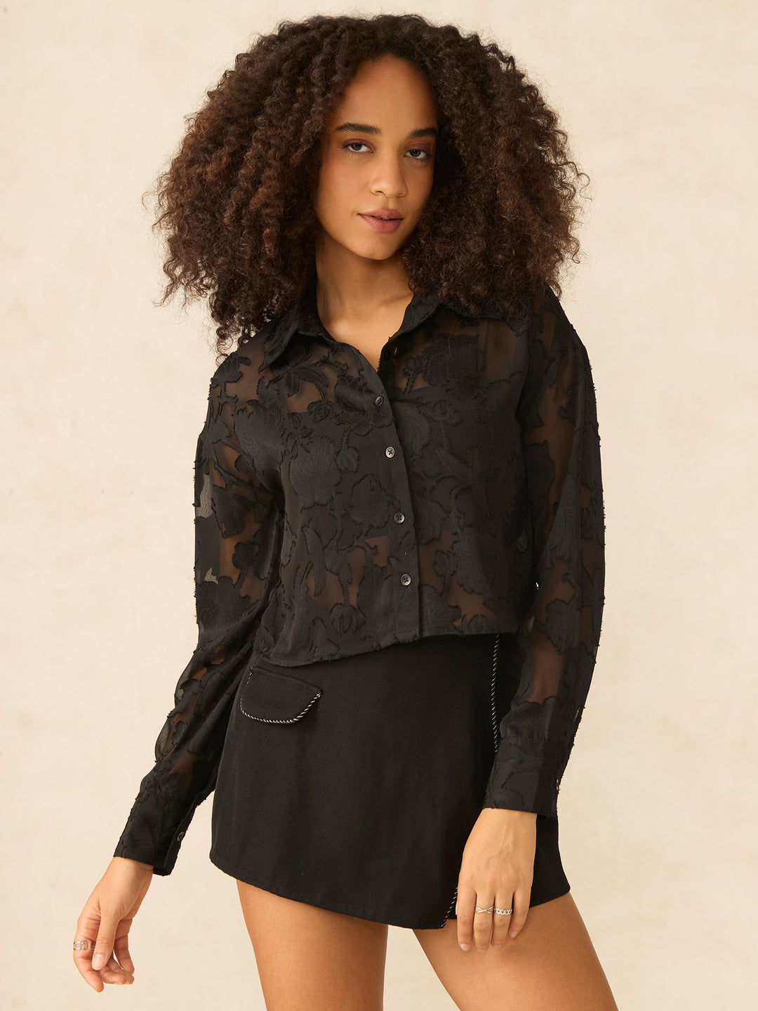 Black Mirco Sheer Jacquard Pattern Shirt