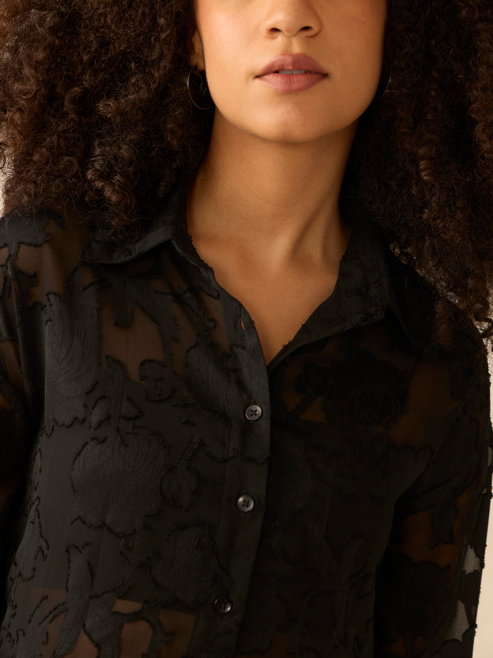 Black Mirco Sheer Jacquard Pattern Shirt