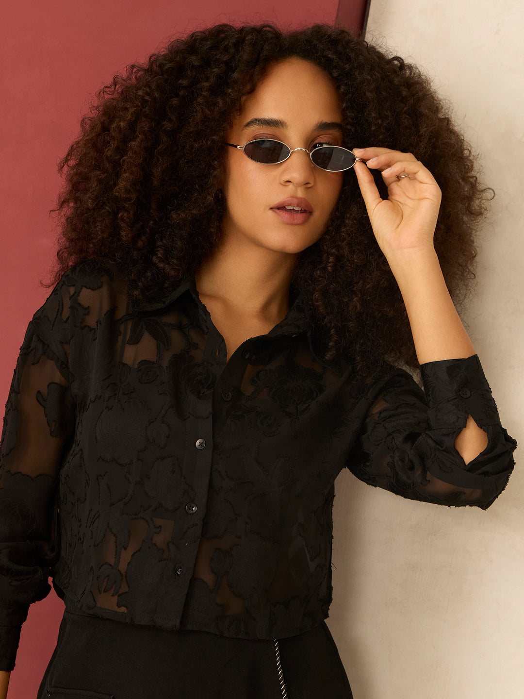Black Mirco Sheer Jacquard Pattern Shirt