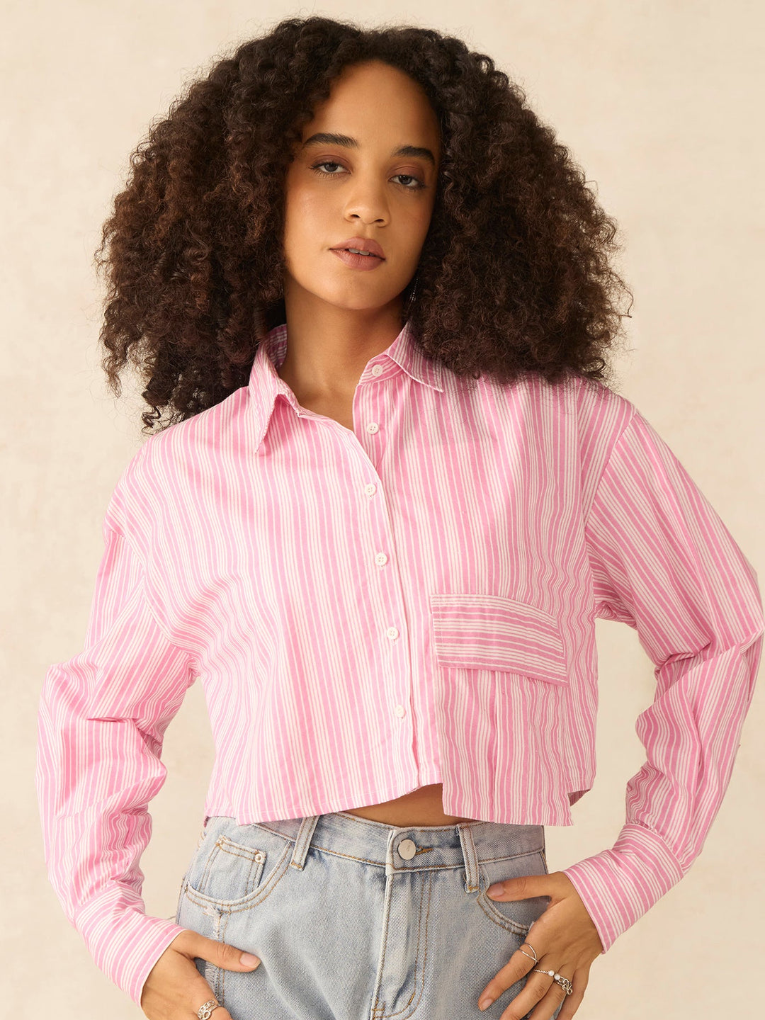Pink Cropped Boxy Shirt With Large Pocket Detail