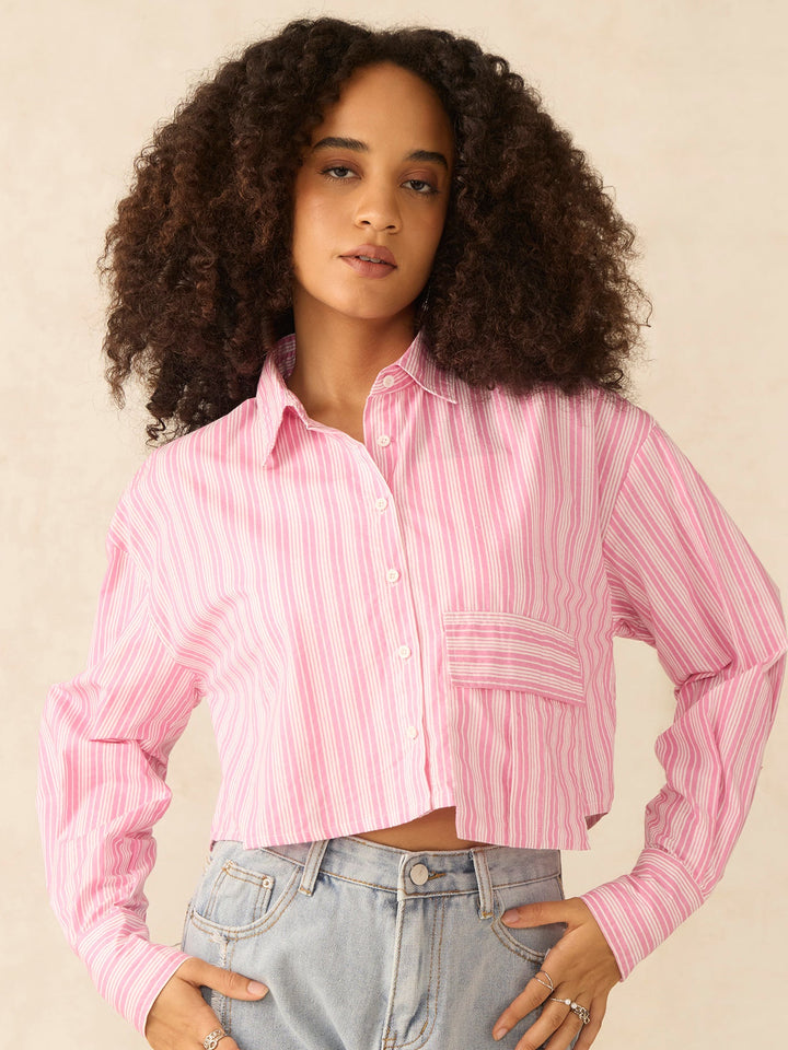 Pink Cropped Boxy Shirt With Large Pocket Detail