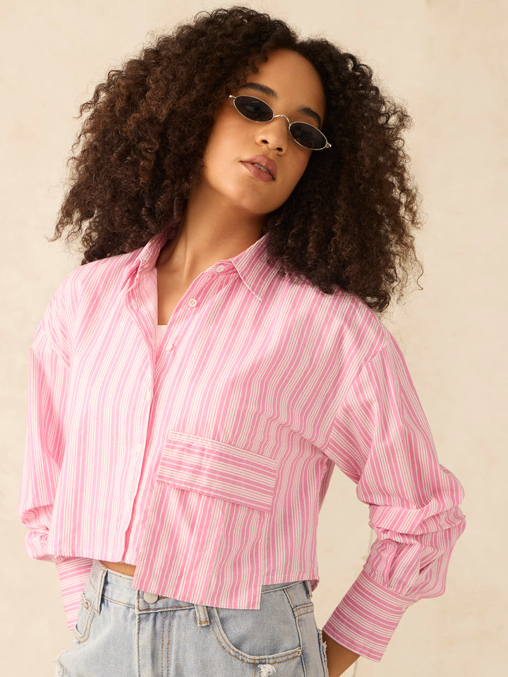 Pink Cropped Boxy Shirt With Large Pocket Detail