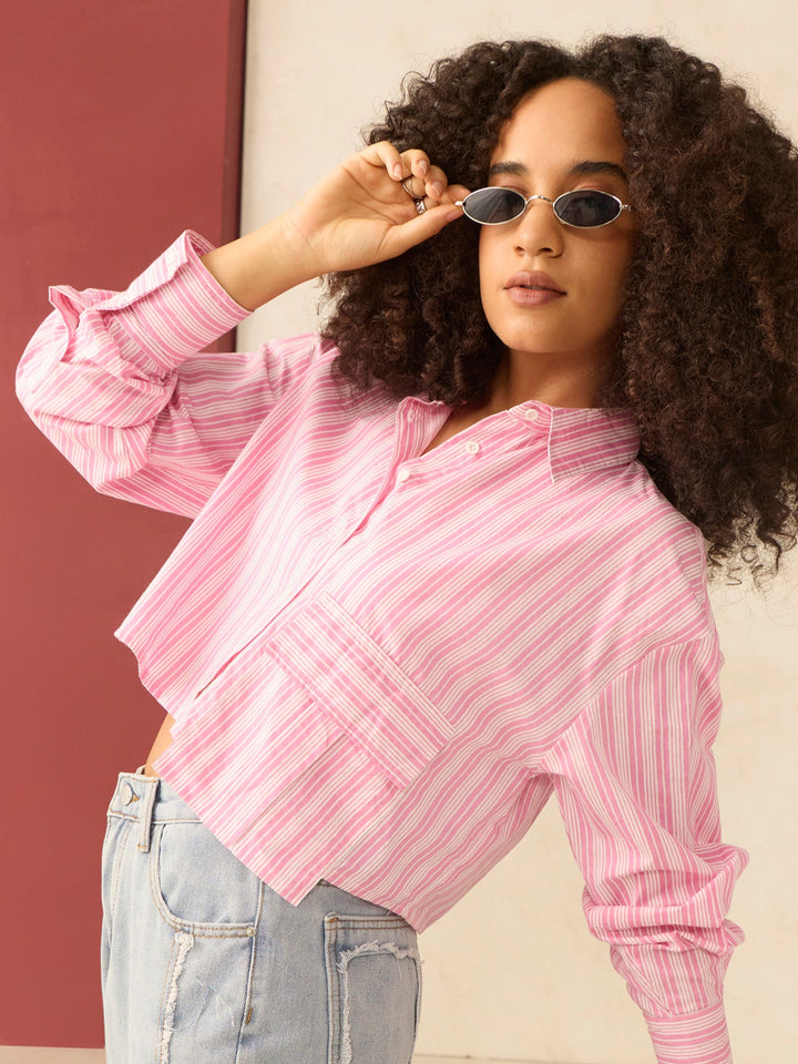 Pink Cropped Boxy Shirt With Large Pocket Detail