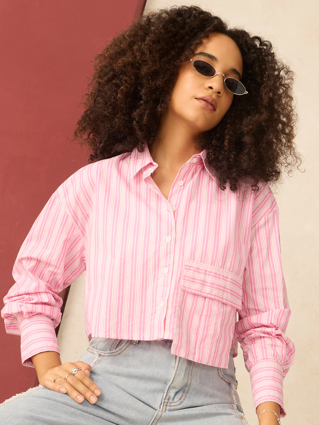 Pink Cropped Boxy Shirt With Large Pocket Detail