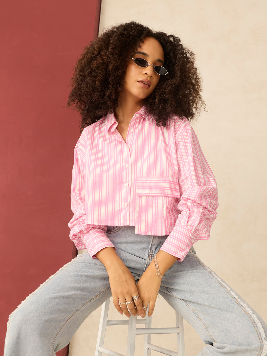 Pink Cropped Boxy Shirt With Large Pocket Detail