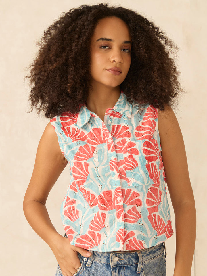 Multi Sleeveless Cropped Schiffli Shirt