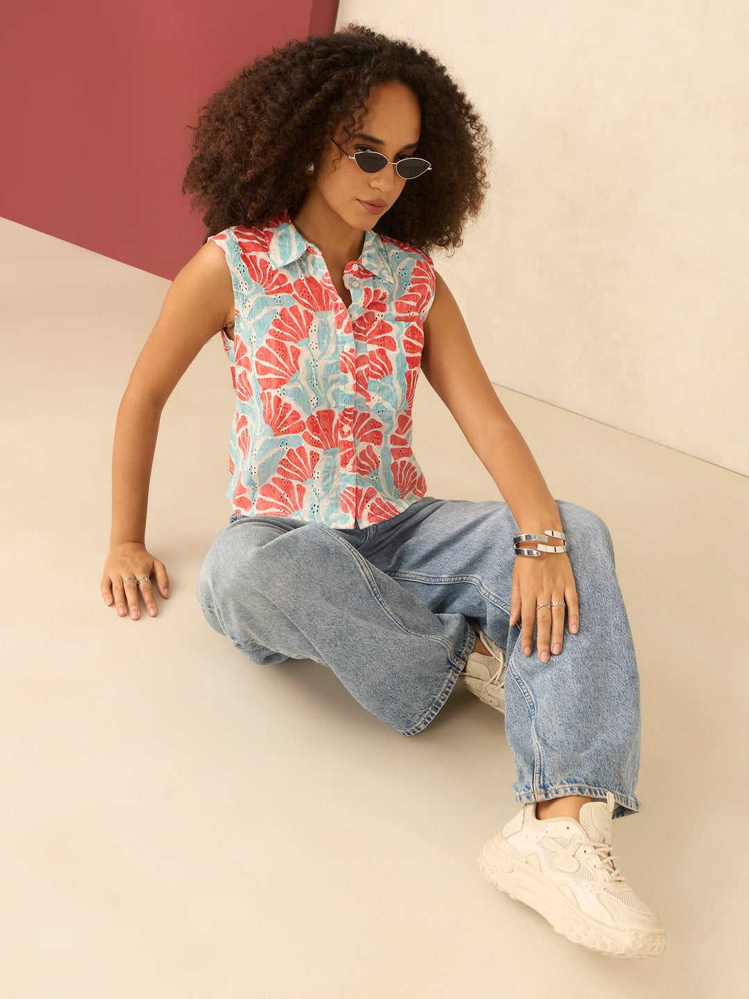 Multi Sleeveless Cropped Schiffli Shirt