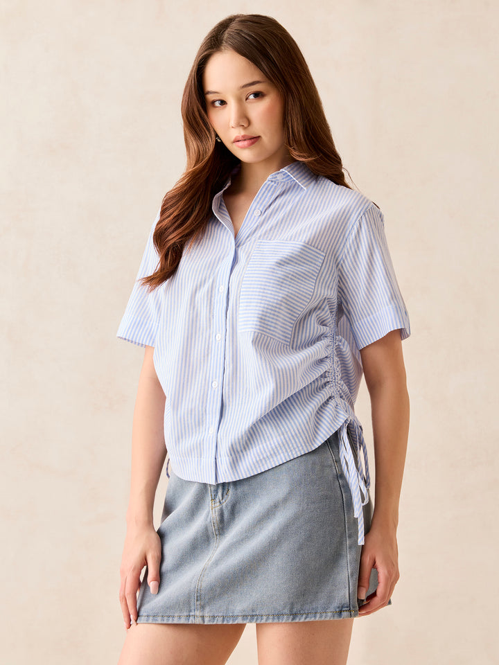 Blue Boxy Shirt With Side Ruching Detail