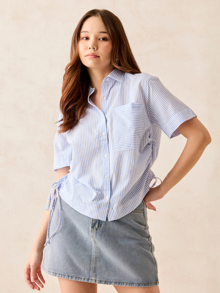 Blue Boxy Shirt With Side Ruching Detail