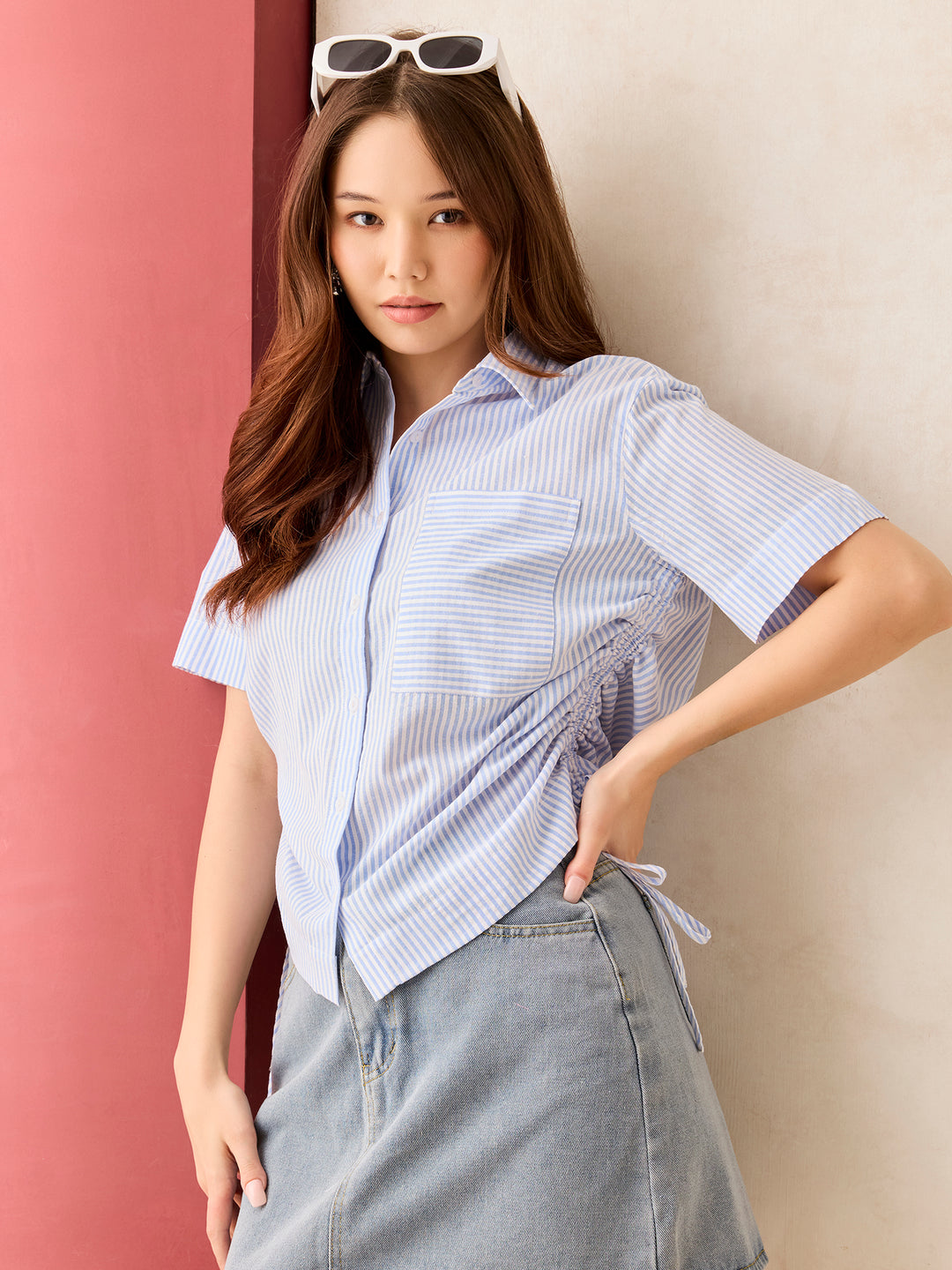 Blue Boxy Shirt With Side Ruching Detail