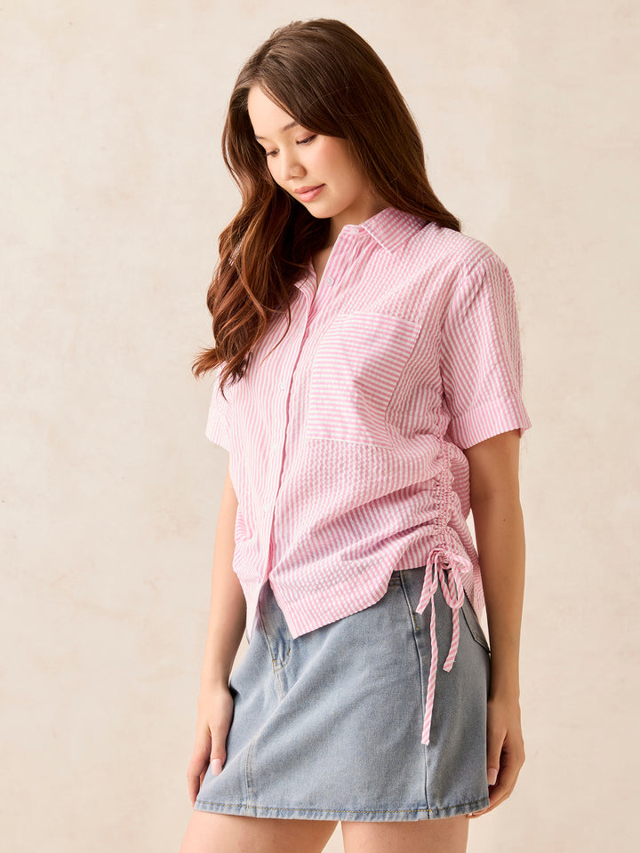 Pink Boxy Shirt With Side Ruching Detail