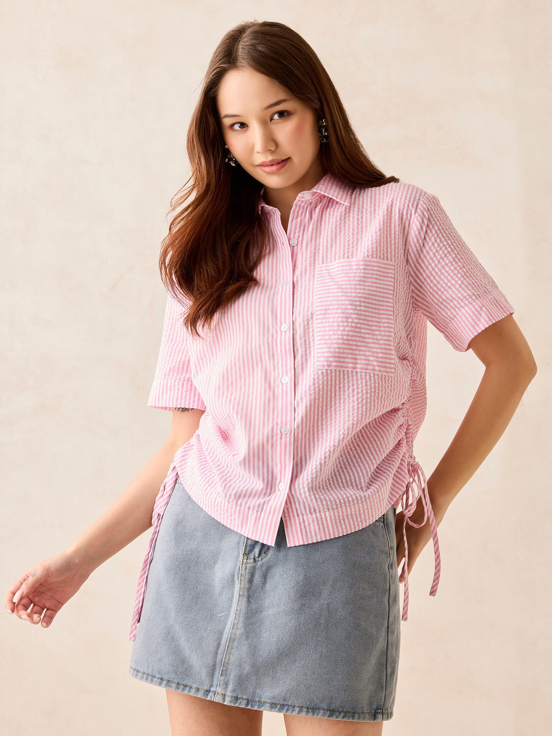 Pink Boxy Shirt With Side Ruching Detail