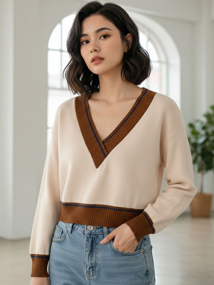 Cream Full Sleeve Contrast Sweater