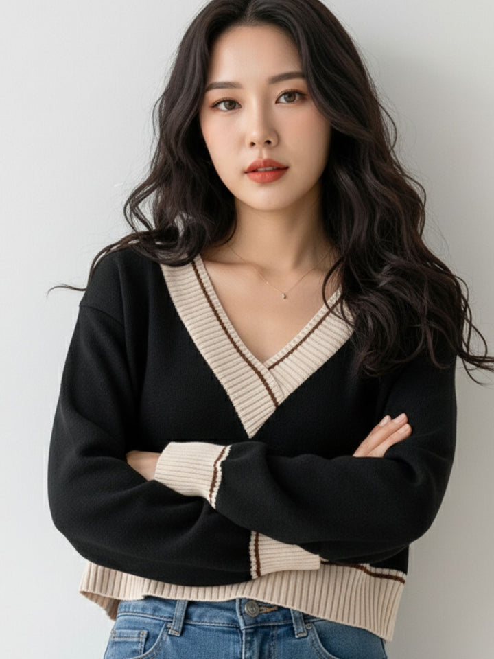 Black Full Sleeve Contrast Sweater