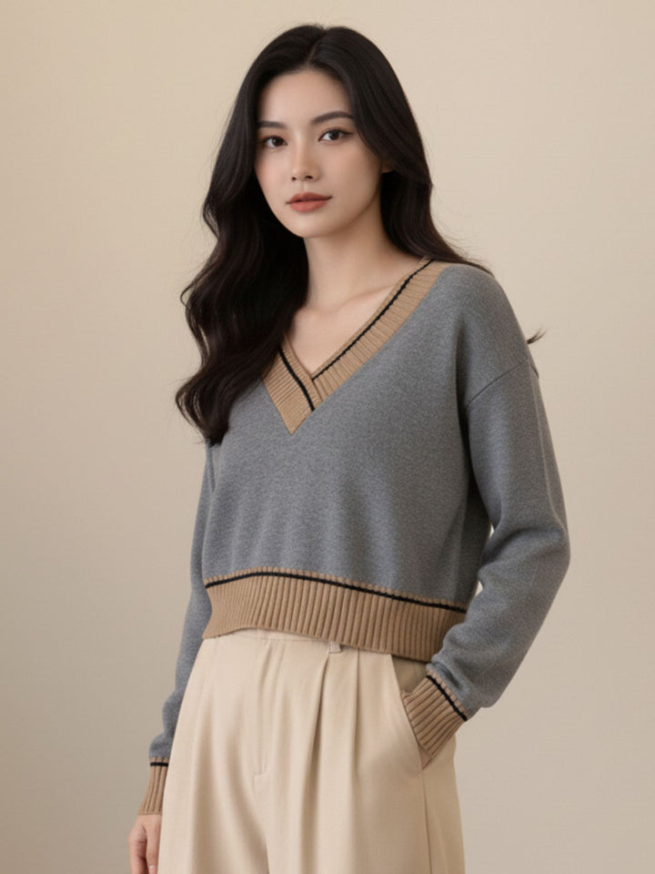 Grey Full Sleeve Contrast Sweater