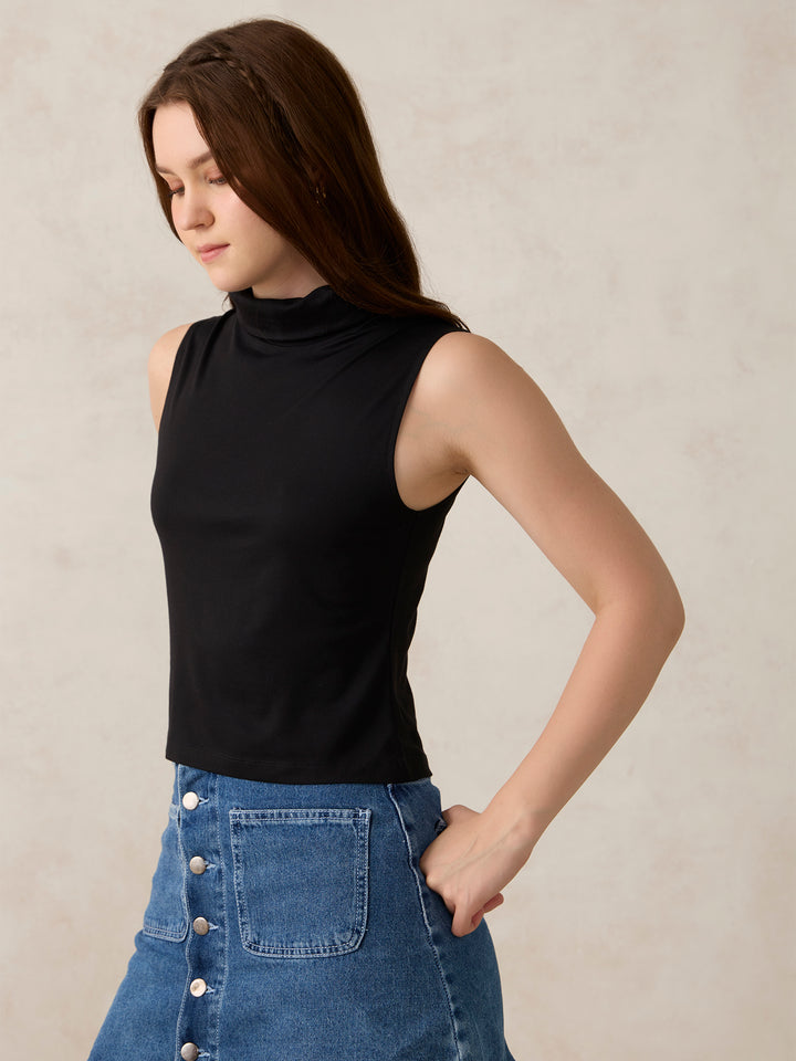 Black Solid High Neck Top