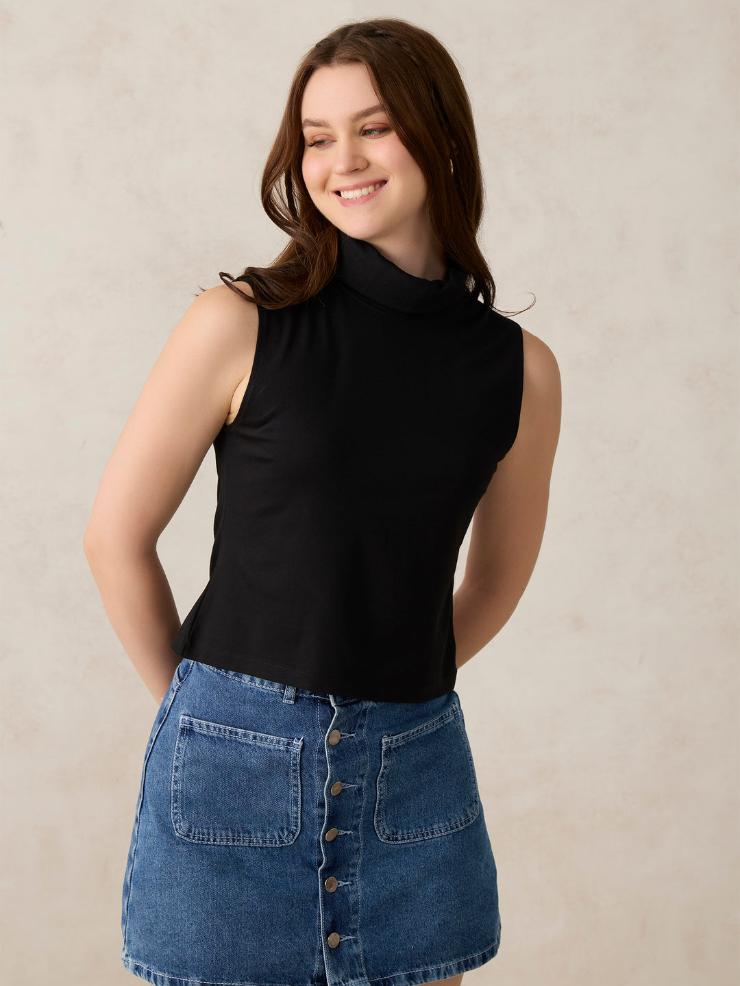 Black Solid High Neck Top