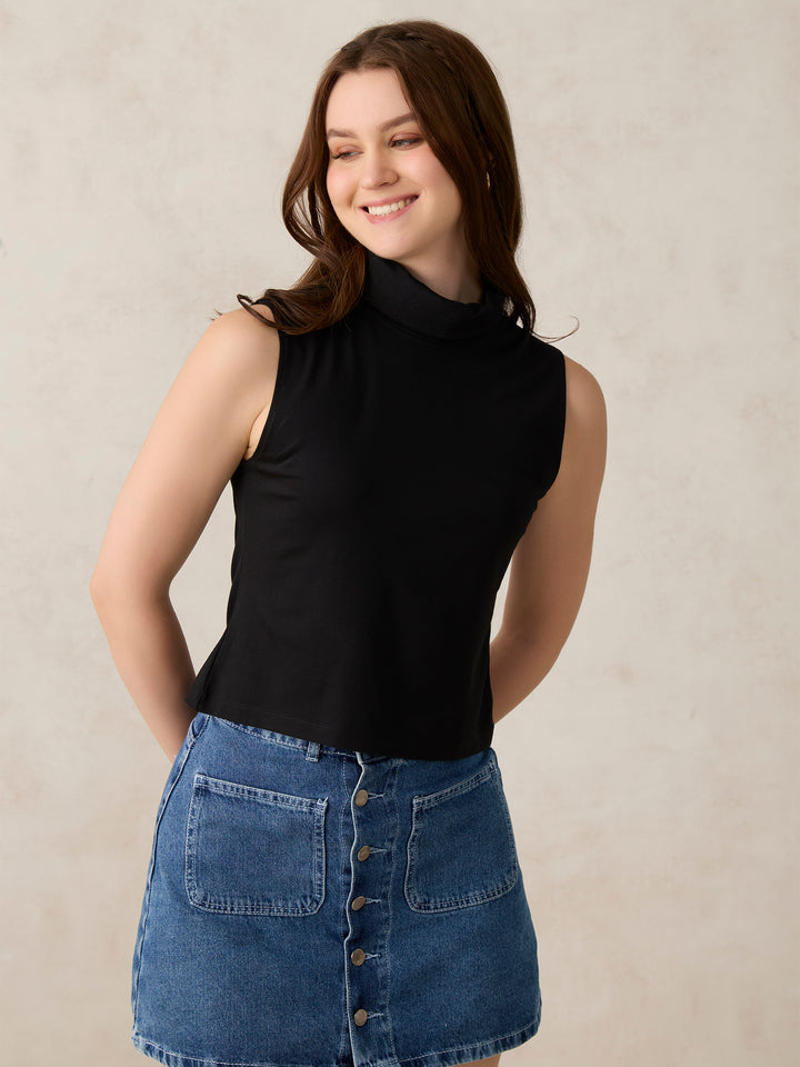 Black Solid High Neck Top