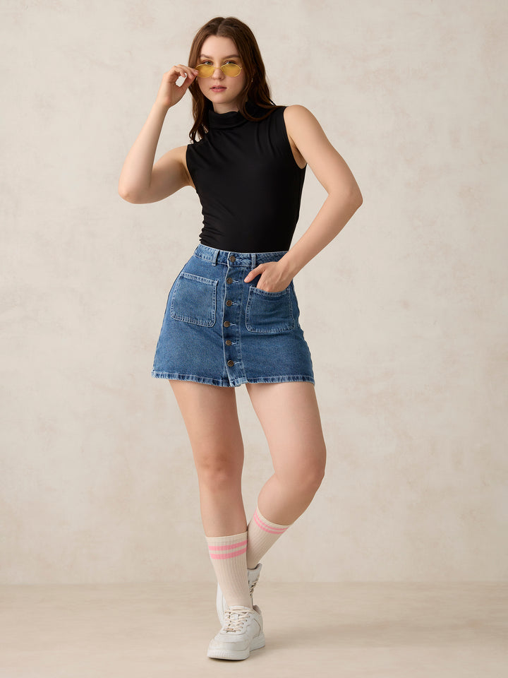 Black Solid High Neck Top