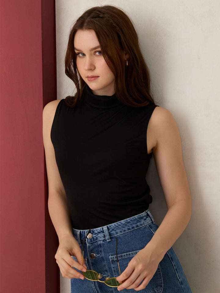 Black Solid High Neck Top